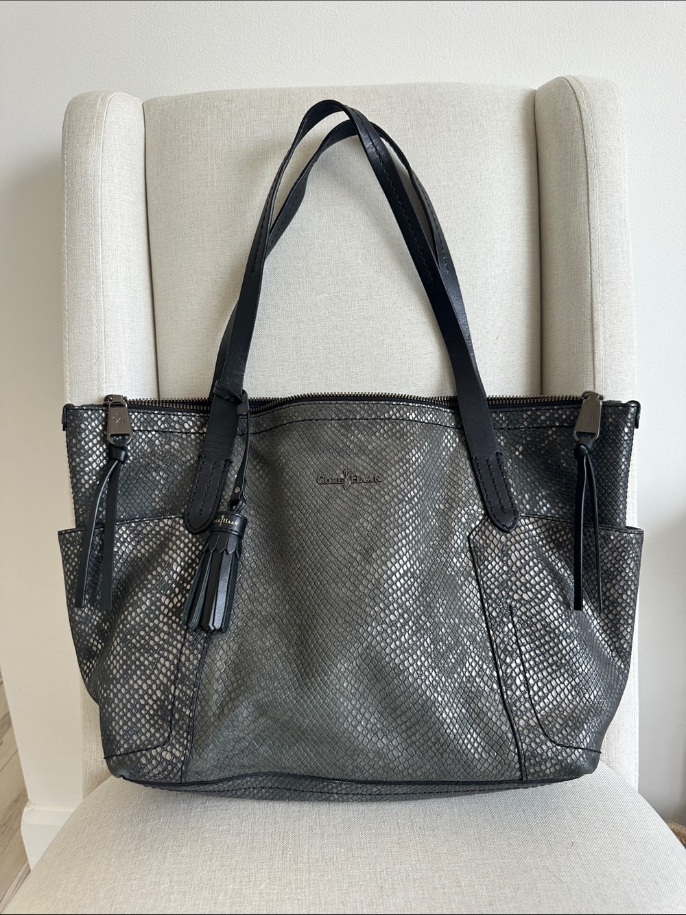 Cole Haan  Gunmetal Snake-Embossed Leather Tote
